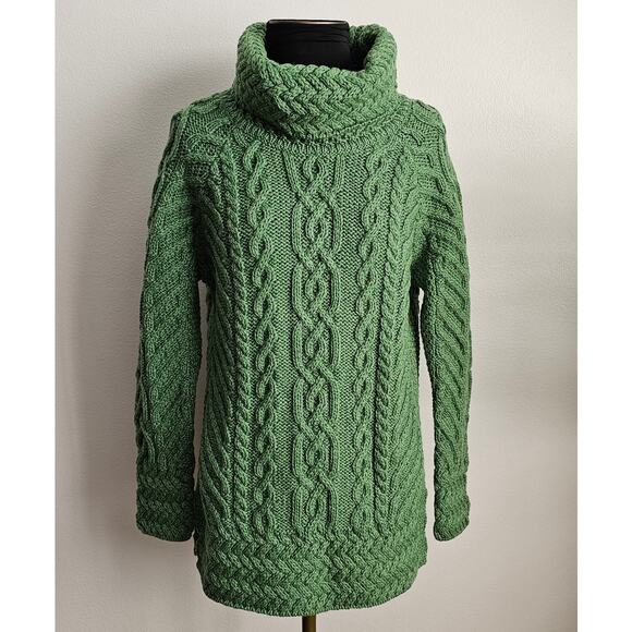 NWT SAOL Green Aran Fisherman Merino Wool Cowl Funnel Neck Cable Knit Sweater S - Picture 2 of 10